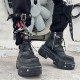 女性向けの黒いミッドカーフアンクルブーツ、フラットプラットフォーム、高くついた、丸いトゥ、厚いソール、レースアップデザイン、金属装飾、ストリートスタイルに最適なハロウィーンに最適です。