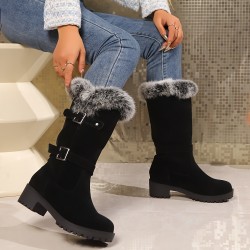 女性の冬のスノーブーツ - ミッドカーフ、厚いゴムソール、フェイクファー トリム、滑り止め、暖かい、カジュアルなスタイル、ブラック、寒い天気に適した快適なスリッポンブーツ、冬のブーツ