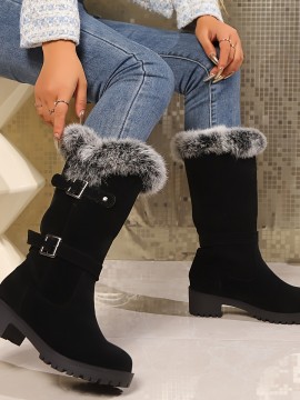 女性の冬のスノーブーツ - ミッドカーフ、厚いゴムソール、フェイクファー トリム、滑り止め、暖かい、カジュアルなスタイル、ブラック、寒い天気に適した快適なスリッポンブーツ、冬のブーツ