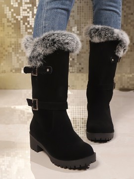 女性の冬のスノーブーツ - ミッドカーフ、厚いゴムソール、フェイクファー トリム、滑り止め、暖かい、カジュアルなスタイル、ブラック、寒い天気に適した快適なスリッポンブーツ、冬のブーツ