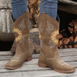 レディース刺繍入りミッドカーフウエスタンブーツ、フェイクレザーファッションブーツ、レディースシューズ