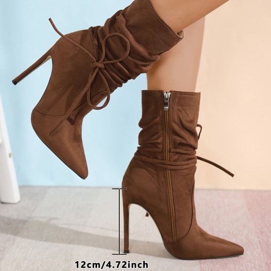 セクシーなファッション アプリコットベルベット シワ防止 レースアップ ポインテッド 12cm 薄型ハイヒール カジュアル オールマッチ サイドジッパー レディースブーツ