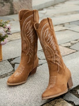 エレガントなレディース刺繍カウボーイブーツ - ポインテッドトゥ、チャンキーヒール、ミッドカーフサイドジッパー付き、フェイクカバーライニング、TPR/ラバーソール、スタイリッシュなアウトフィットに最適、カウガールブーツ