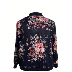 プラスサイズ 花柄 フルジップジャケット、カジュアル 長袖ジャケット 秋 & 冬、レディース プラスサイズ 服