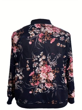 プラスサイズ 花柄 フルジップジャケット、カジュアル 長袖ジャケット 秋 & 冬、レディース プラスサイズ 服