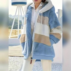 女性用カラーブロックフェイクファーフード付きコート - ポケット付き暖かいプラッシュパッチワークジップアップジャケット、洗濯機可、ポリエステル、複数の色合いあり