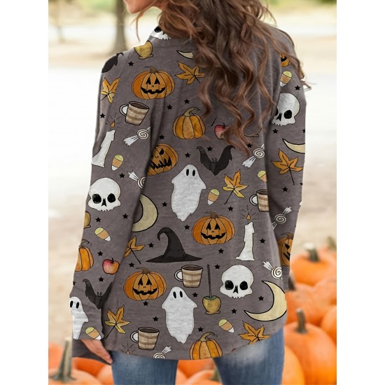女性用ハロウィンプリント長袖カーディガン - カジュアルグレーニットセーター、不気味なモチーフ、洗濯機可、ポリエステルとスパンデックス混紡