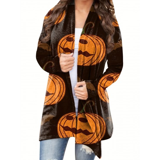 女性用ハロウィンプリント長袖カーディガン - カジュアルグレーニットセーター、不気味なモチーフ、洗濯機可、ポリエステルとスパンデックス混紡
