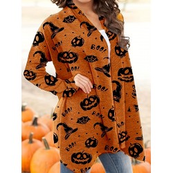 女性用ハロウィンプリント長袖カーディガン - カジュアルグレーニットセーター、不気味なモチーフ、洗濯機可、ポリエステルとスパンデックス混紡