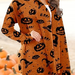 女性用ハロウィンプリント長袖カーディガン - カジュアルグレーニットセーター、不気味なモチーフ、洗濯機可、ポリエステルとスパンデックス混紡