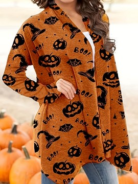 女性用ハロウィンプリント長袖カーディガン - カジュアルグレーニットセーター、不気味なモチーフ、洗濯機可、ポリエステルとスパンデックス混紡