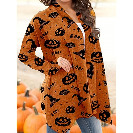 女性用ハロウィンプリント長袖カーディガン - カジュアルグレーニットセーター、不気味なモチーフ、洗濯機可、ポリエステルとスパンデックス混紡