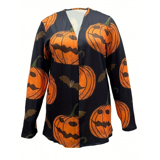 女性用ハロウィンプリント長袖カーディガン - カジュアルグレーニットセーター、不気味なモチーフ、洗濯機可、ポリエステルとスパンデックス混紡