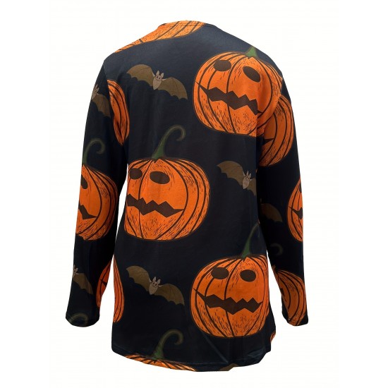 女性用ハロウィンプリント長袖カーディガン - カジュアルグレーニットセーター、不気味なモチーフ、洗濯機可、ポリエステルとスパンデックス混紡
