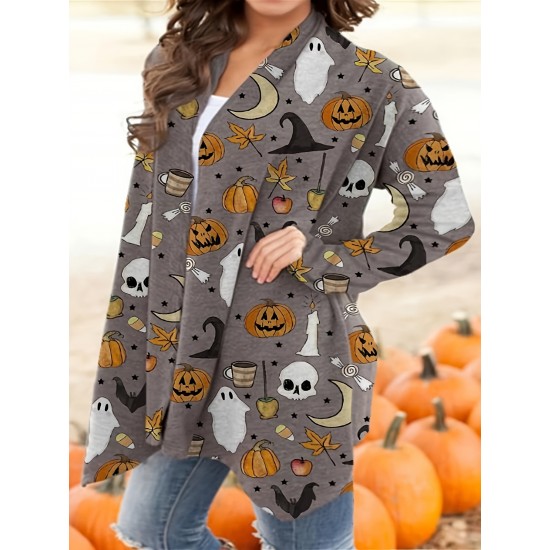女性用ハロウィンプリント長袖カーディガン - カジュアルグレーニットセーター、不気味なモチーフ、洗濯機可、ポリエステルとスパンデックス混紡