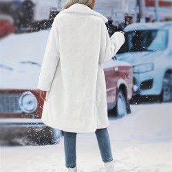 プラスサイズ ソリッド ホーンバックル フェイクファーコート、エレガントな長袖ロングラインコート、秋と冬に最適、女性用プラスサイズ衣料品