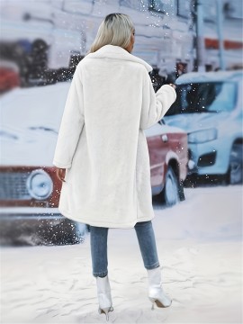 プラスサイズ ソリッド ホーンバックル フェイクファーコート、エレガントな長袖ロングラインコート、秋と冬に最適、女性用プラスサイズ衣料品