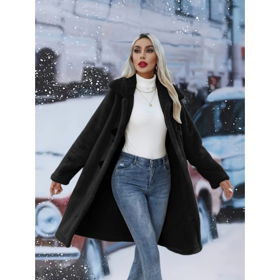 プラスサイズ ソリッド ホーンバックル フェイクファーコート、エレガントな長袖ロングラインコート、秋と冬に最適、女性用プラスサイズ衣料品