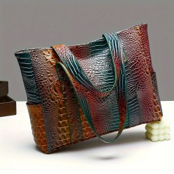 シックなピーコックブルーのクロコダイルエンボス加工トートバッグ（女性用）- 万能ショルダー＆ハンドバッグ、ジップクロージャー、耐久性PU素材