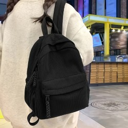 ファッションウィメンズバックパック、コーデュロイのソリッドカラー、おしゃれな学生用リュック、ブラックのナイロン素材、調節可能なショルダーストラップ、ジッパーデザイン、ポリエステル裏地