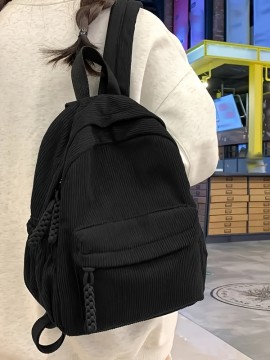 ファッションウィメンズバックパック、コーデュロイのソリッドカラー、おしゃれな学生用リュック、ブラックのナイロン素材、調節可能なショルダーストラップ、ジッパーデザイン、ポリエステル裏地