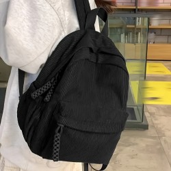 ファッションウィメンズバックパック、コーデュロイのソリッドカラー、おしゃれな学生用リュック、ブラックのナイロン素材、調節可能なショルダーストラップ、ジッパーデザイン、ポリエステル裏地