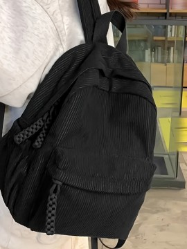 ファッションウィメンズバックパック、コーデュロイのソリッドカラー、おしゃれな学生用リュック、ブラックのナイロン素材、調節可能なショルダーストラップ、ジッパーデザイン、ポリエステル裏地
