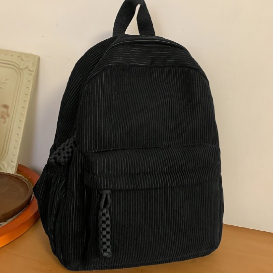 ファッションウィメンズバックパック、コーデュロイのソリッドカラー、おしゃれな学生用リュック、ブラックのナイロン素材、調節可能なショルダーストラップ、ジッパーデザイン、ポリエステル裏地