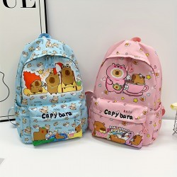 Kapibala Preppy Style キャラクター動物プリントバックパック、ナイロン軽量学生バッグ、調節可能なストラップ、ジッパークロージャー、ポリエステル裏地、スカイブルー - かわいいプリント高美学