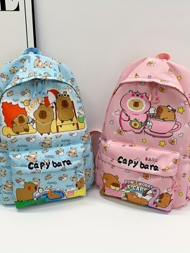 Kapibala Preppy Style キャラクター動物プリントバックパック、ナイロン軽量学生バッグ、調節可能なストラップ、ジッパークロージャー、ポリエステル裏地、スカイブルー - かわいいプリント高美学