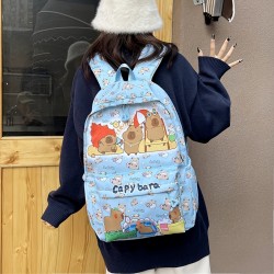 Kapibala Preppy Style キャラクター動物プリントバックパック、ナイロン軽量学生バッグ、調節可能なストラップ、ジッパークロージャー、ポリエステル裏地、スカイブルー - かわいいプリント高美学