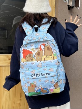 Kapibala Preppy Style キャラクター動物プリントバックパック、ナイロン軽量学生バッグ、調節可能なストラップ、ジッパークロージャー、ポリエステル裏地、スカイブルー - かわいいプリント高美学