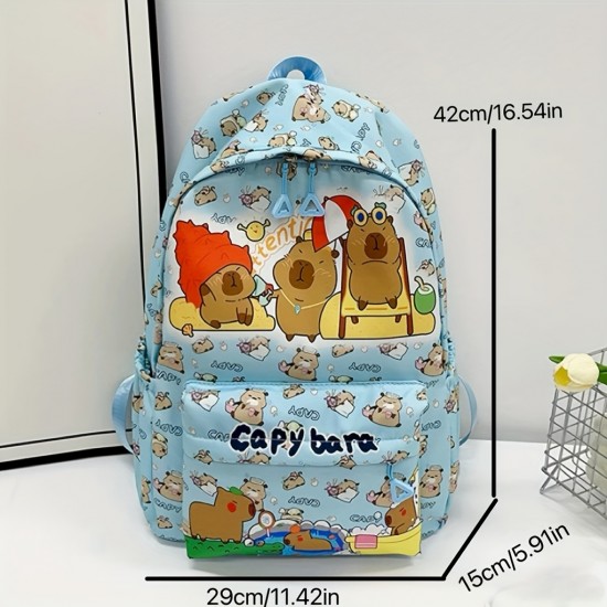 Kapibala Preppy Style キャラクター動物プリントバックパック、ナイロン軽量学生バッグ、調節可能なストラップ、ジッパークロージャー、ポリエステル裏地、スカイブルー - かわいいプリント高美学