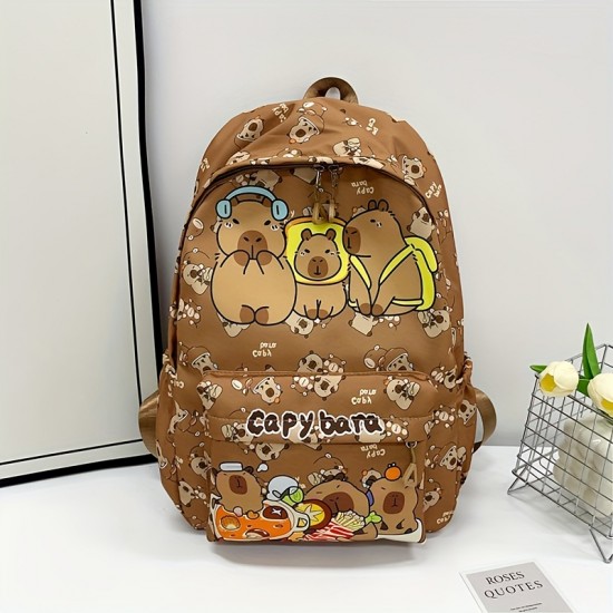 Kapibala Preppy Style キャラクター動物プリントバックパック、ナイロン軽量学生バッグ、調節可能なストラップ、ジッパークロージャー、ポリエステル裏地、スカイブルー - かわいいプリント高美学