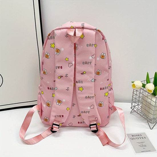 Kapibala Preppy Style キャラクター動物プリントバックパック、ナイロン軽量学生バッグ、調節可能なストラップ、ジッパークロージャー、ポリエステル裏地、スカイブルー - かわいいプリント高美学