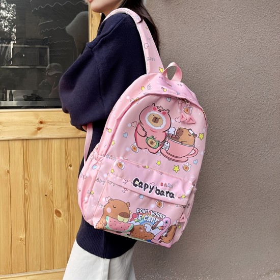 Kapibala Preppy Style キャラクター動物プリントバックパック、ナイロン軽量学生バッグ、調節可能なストラップ、ジッパークロージャー、ポリエステル裏地、スカイブルー - かわいいプリント高美学