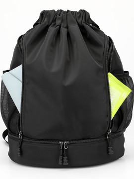 女性用スタイリッシュなブラックナイロンバックパック、調節可能なストラップ、巾着式クロージャー、メッシュサイドポケット付き - 大容量、耐久性があり、カジュアルなアウトドア、旅行、または日常使用に最適、カジュアルなデイパック | カジュアルなスタイル | 巾着式クロージャー、旅行用バックパック