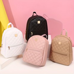 可愛らしい小さな女性用バックパック、菱形のパターンが施されたバックパックで、調節可能なストラップとジッパーが付いており、カジュアルな日常使いや通勤用のリュックサックです。