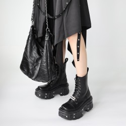 U-Double レディース パンク プラットフォーム アンクルブーツ - ソフトフェイクカバー、レースアップ、ラウンドトゥ、快適EVAソール、無地カラー Y2Kスタイル コンバットブーツ
