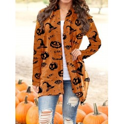 女性用ハロウィンプリント長袖カーディガン - カジュアルグレーニットセーター、不気味なモチーフ、洗濯機可、ポリエステルとスパンデックス混紡