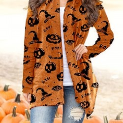 女性用ハロウィンプリント長袖カーディガン - カジュアルグレーニットセーター、不気味なモチーフ、洗濯機可、ポリエステルとスパンデックス混紡