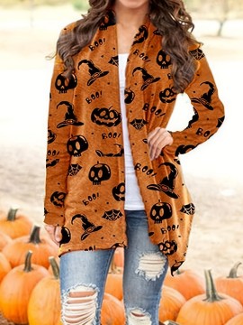 女性用ハロウィンプリント長袖カーディガン - カジュアルグレーニットセーター、不気味なモチーフ、洗濯機可、ポリエステルとスパンデックス混紡