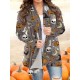 女性用ハロウィンプリント長袖カーディガン - カジュアルグレーニットセーター、不気味なモチーフ、洗濯機可、ポリエステルとスパンデックス混紡