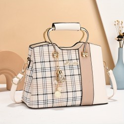 シックなチェック柄トートバッグ（女性用）- 広々とした＆スタイリッシュ、多機能ショルダーやクロスボディキャリー、耐久性のあるPU素材、エアサーティタン/アイボリー/ピンク/ブラック色展開