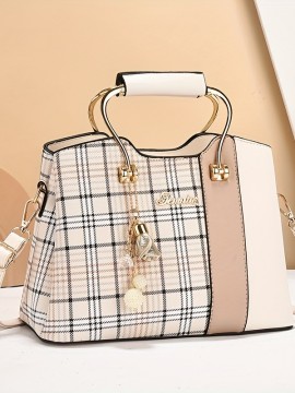 シックなチェック柄トートバッグ（女性用）- 広々とした＆スタイリッシュ、多機能ショルダーやクロスボディキャリー、耐久性のあるPU素材、エアサーティタン/アイボリー/ピンク/ブラック色展開