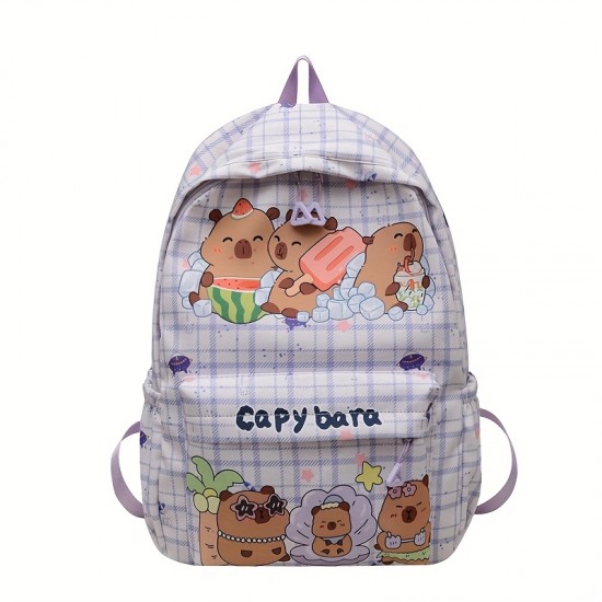 Kapibala Preppy Style キャラクター動物プリントバックパック、ナイロン軽量学生バッグ、調節可能なストラップ、ジッパークロージャー、ポリエステル裏地、スカイブルー - かわいいプリント高美学