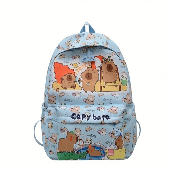 Kapibala Preppy Style キャラクター動物プリントバックパック、ナイロン軽量学生バッグ、調節可能なストラップ、ジッパークロージャー、ポリエステル裏地、スカイブルー - かわいいプリント高美学