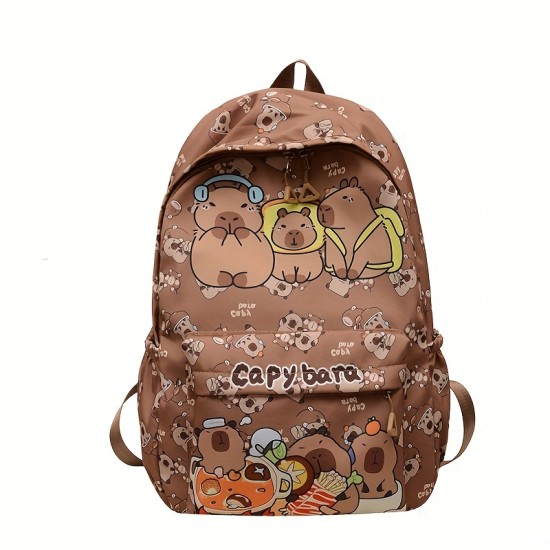 Kapibala Preppy Style キャラクター動物プリントバックパック、ナイロン軽量学生バッグ、調節可能なストラップ、ジッパークロージャー、ポリエステル裏地、スカイブルー - かわいいプリント高美学